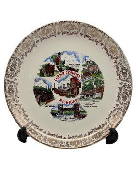 Vintage Copper Country Michigan Souvenir Plate Gold Trim Mining Scenes MCM